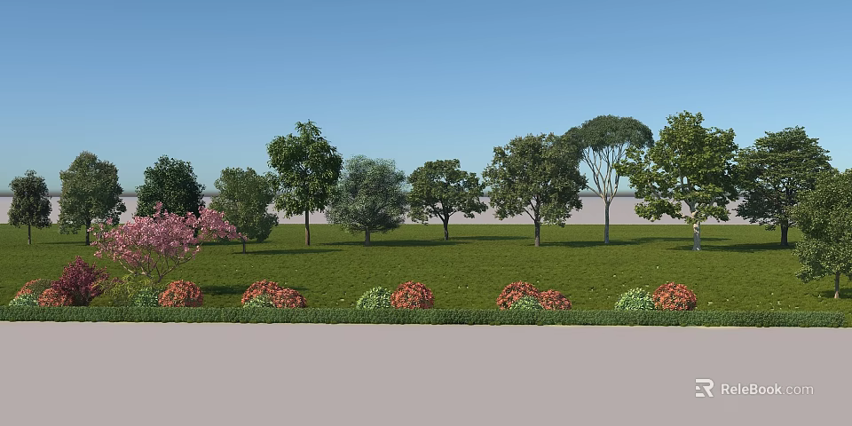 Scenic Park Landscape With Lush Green Lawn Vibrant Trees And Flowering Shrubs Under Blue Sky 3d model 
