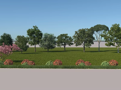 Scenic Park Landscape With Lush Green Lawn Vibrant Trees And Flowering Shrubs Under Blue Sky 3d model