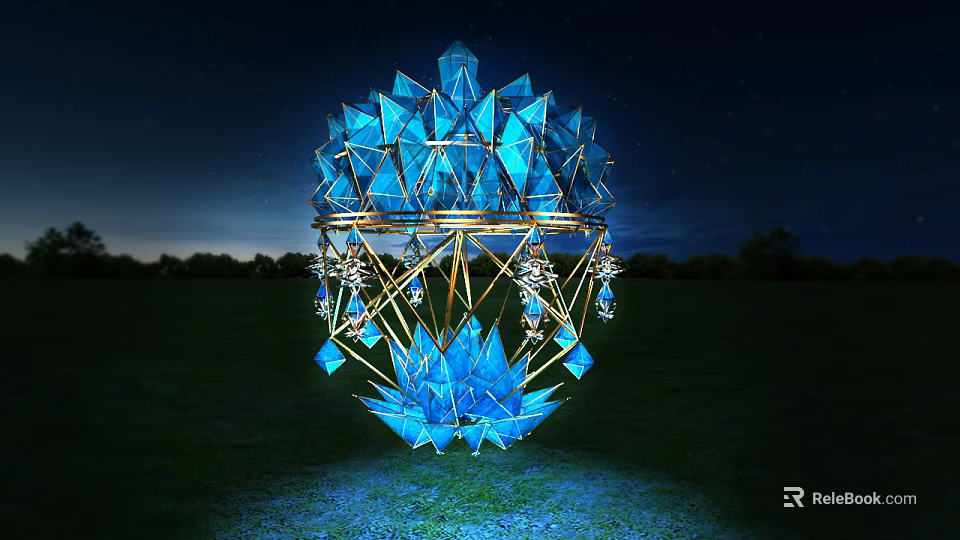 Blue Geometric Art Installation With Golden Frame Illuminated On Grass Field At Night 3d model 