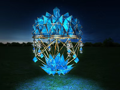 Blue Geometric Art Installation With Golden Frame Illuminated On Grass Field At Night 3d model