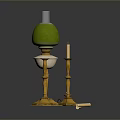 Green Lampshade Table Lamp With Golden Candlesticks Candles And Shiny Decorative Ornaments On Black Background