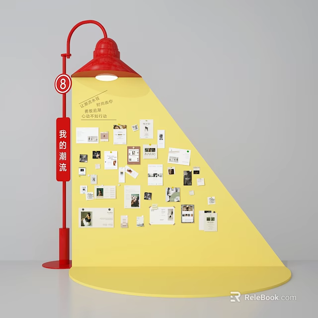Yellow Activity Display Wall Decorated with Various Photos and Notes 3d model