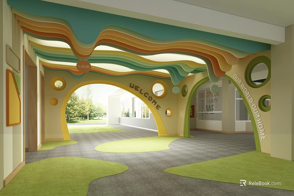 Vibrant Kindergarten Entrance With Colorful Wavy Ceiling Green Carpet And Welcome Sign 3d model 