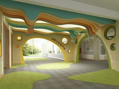 Vibrant Kindergarten Entrance With Colorful Wavy Ceiling Green Carpet And Welcome Sign 3d model