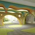 Vibrant Kindergarten Entrance With Colorful Wavy Ceiling Green Carpet And Welcome Sign