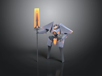 Mechanical Robot Character Holding Flaming Torch With Glowing Orange Accents And Armored Exoskeleton Design 3d model