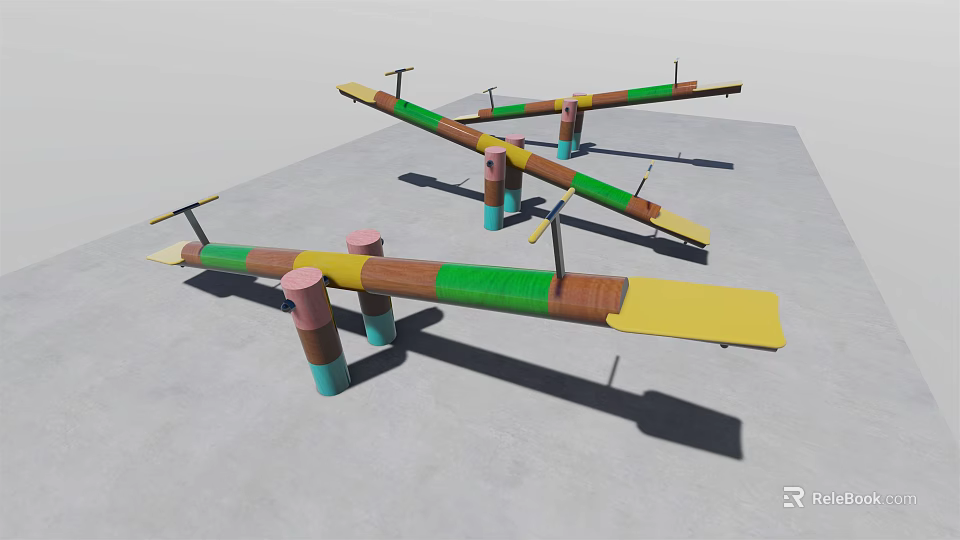 Colorful Wooden Seesaws With Multicolored Pillars And Yellow Seats For Kids Playground 3d model 