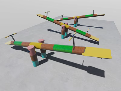 Colorful Wooden Seesaws With Multicolored Pillars And Yellow Seats For Kids Playground 3d model
