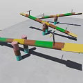 Colorful Wooden Seesaws With Multicolored Pillars And Yellow Seats For Kids Playground