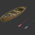 Rustic Wooden Boat With Seats And Two Wooden Oars On Reflective Surface