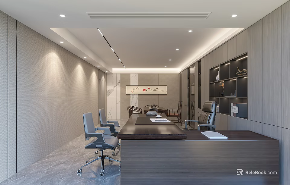 Modern Office Interior Design With Long Conference Table Office Chairs And Shelves 3d model 