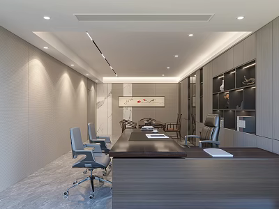 Modern Office Interior Design With Long Conference Table Office Chairs And Shelves 3d model