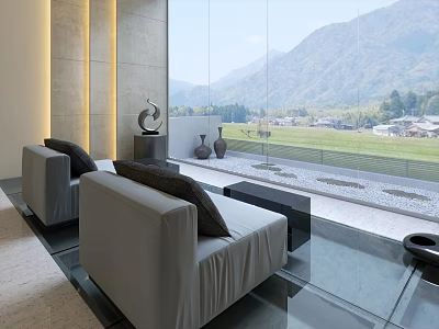 Modern Light Gray Single Sofa With Dark Cushions By Window Overlooking Mountain Field View 3d model