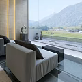 Modern Light Gray Single Sofa With Dark Cushions By Window Overlooking Mountain Field View