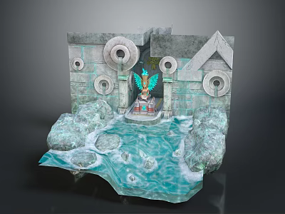 Ancient Scene With Stone Walls Circular Ornaments Water Pool And Central Structure 3d model