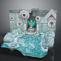 Ancient Scene With Stone Walls Circular Ornaments Water Pool And Central Structure