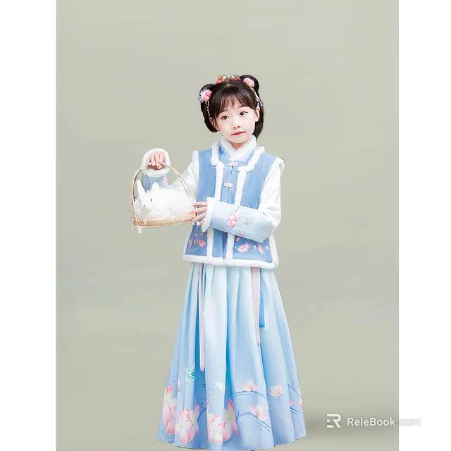 Woman In Traditional Hanfu Holding Rabbit Shaped Basket With Floral Embroidery 3d model 