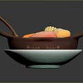 Chicken Drumstick Served in Brown Bowl With Corn Carrots Mushrooms on Blue Plate