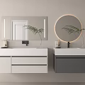 Modern White and Gray Bathroom Double Vanities with Rectangular Circular Lit Mirrors and Green Plants 3d model