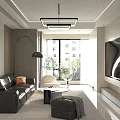 Modern Warm Cream Tone Living and Dining Room With Comfortable Furniture And Elegant TV Wall