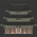 Traditional Three story Architectural Building With Black Roof Red Pillars And Green Decorations