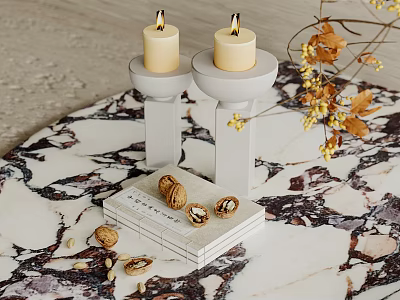 Decorative Ornament Set With White Candle Holders Lit Candles Nuts On Books And Dried Flowers 3d model
