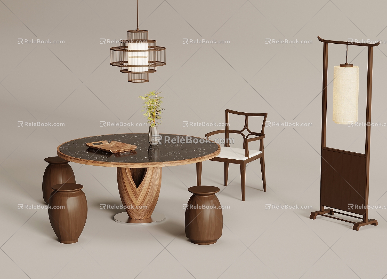 New Chinese Dining Table and Chair Combination Chandelier Green Plant 3d model