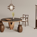 New Chinese Dining Table and Chair Combination Chandelier Green Plant 3d model