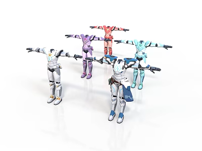 Colorful Robot Action Figures Standing with Extended Arms in Various Colors 3d model
