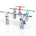Colorful Robot Action Figures Standing with Extended Arms in Various Colors