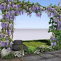 Beautiful Wisteria Archway With Hanging Purple Flowers Greenery And Stone Pathway Under Sunny Blue Sky
