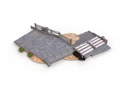Detailed Model Bridge Scene With Stone Path Fence Sand And Small Plants 3d model