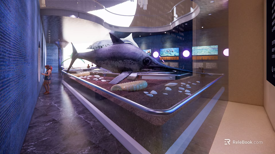 Cultural Center Marine Life Exhibition With Large Fish Model And Digital Display Screens 3d model 