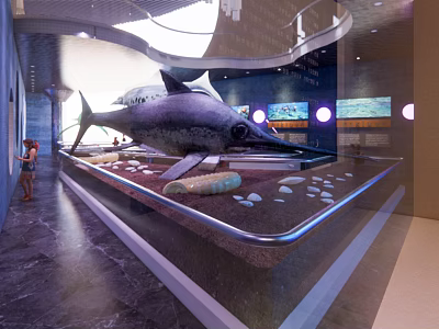 Cultural Center Marine Life Exhibition With Large Fish Model And Digital Display Screens 3d model