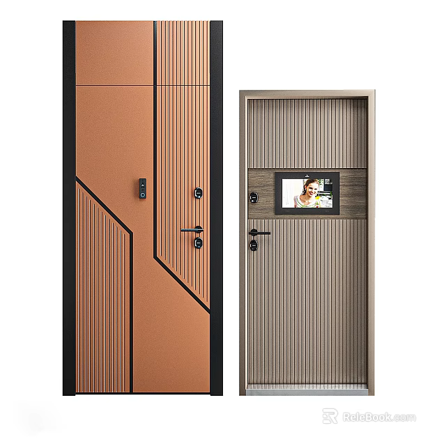 Modern Swing Doors With Brown Vertical Stripes Gray Lines And Smart Screen Design 3d model 