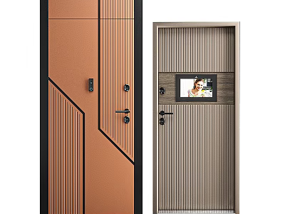 Modern Swing Doors With Brown Vertical Stripes Gray Lines And Smart Screen Design 3d model