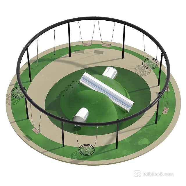 Outdoor Swing Chair Design with Circular Black Metal Frame Green Ground and Play Elements 3d model 