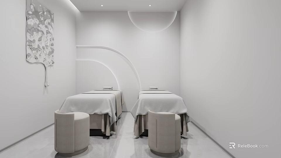 Minimalist SPA Room With Two Beds And Stools 3d model