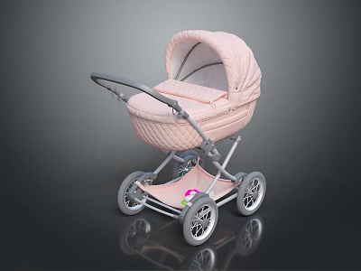 Elegant Pink Baby Stroller With Canopy Quilted Seat Chrome Frame And Floral Decoration 3d model