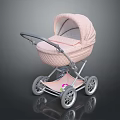 Elegant Pink Baby Stroller With Canopy Quilted Seat Chrome Frame And Floral Decoration