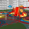 Colorful Playground With Red Slide Umbrella Structures And Circular Patterns Near High-Rise Buildings