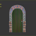 Elegant Arched Wooden Door With Colorful Decorative Patterns And Stone Frame