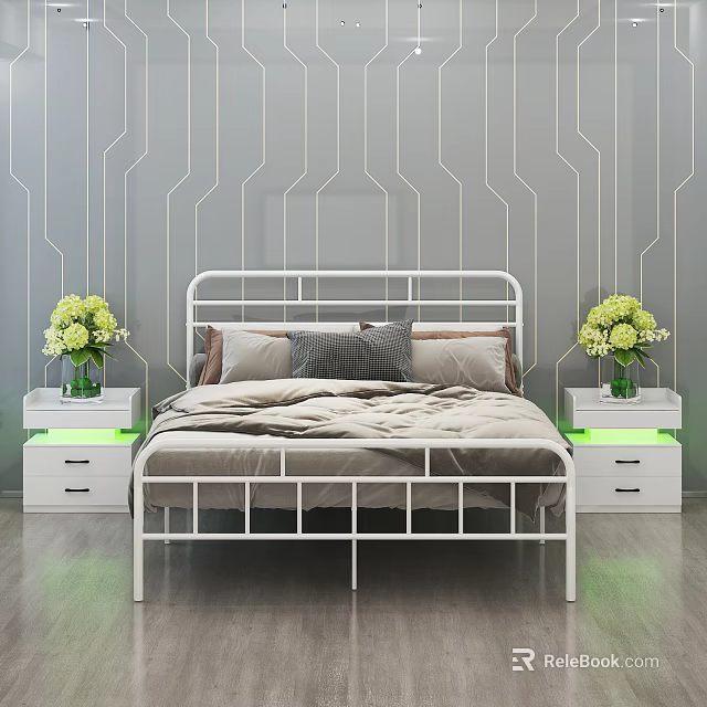 Double Bed With White Metal Frame Geometric Gray Wall White Nightstands Green Vases Yellow Flowers 3d model 