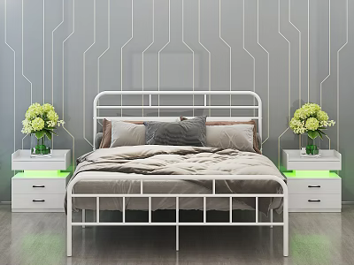 Double Bed With White Metal Frame Geometric Gray Wall White Nightstands Green Vases Yellow Flowers 3d model