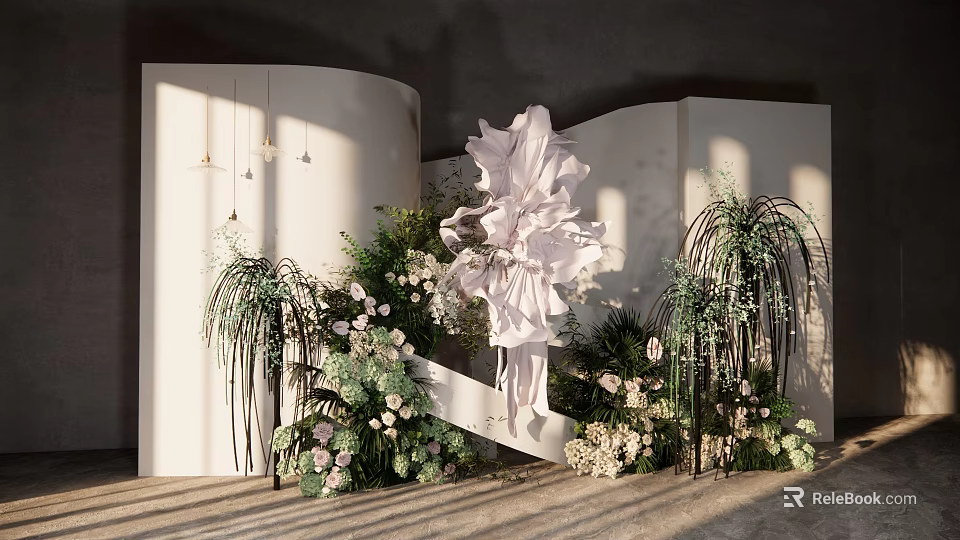 Elegant Banquet Hall Interior Design With Large White Floral Decor And Green Plants 3d model 
