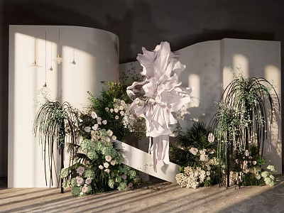 Elegant Banquet Hall Interior Design With Large White Floral Decor And Green Plants 3d model