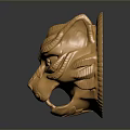 Shiny Golden Wolf Head Sculpture With Intricate Carvings On Dark Background