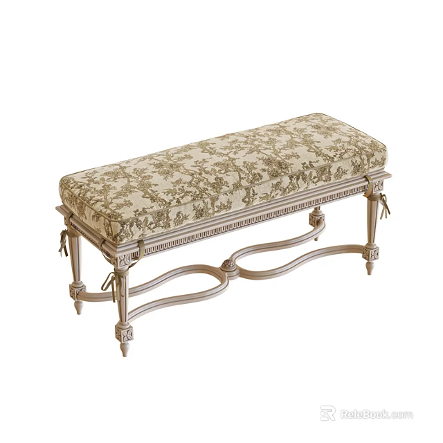 Elegant Floral Pattern Upholstered Ottoman With Ornate Metal Frame And Curved Legs 3d model 