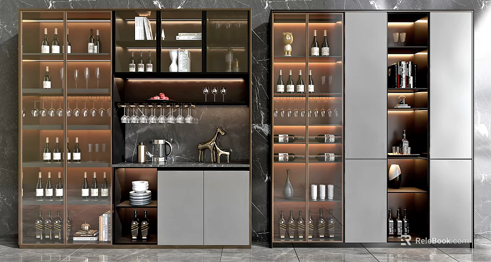 Modern Wine Cabinet With Glass Doors LED Lighting Wine Bottles Glasses And Decorative Items 3d model 