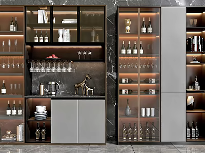 Modern Wine Cabinet With Glass Doors LED Lighting Wine Bottles Glasses And Decorative Items 3d model